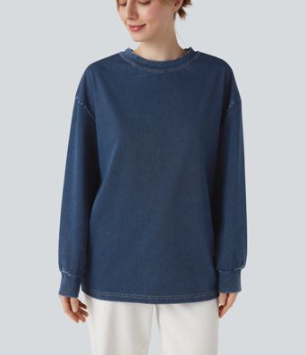 Halara Flex™ Denim Round Neck Long Sleeve Washed Casual T-Shirt