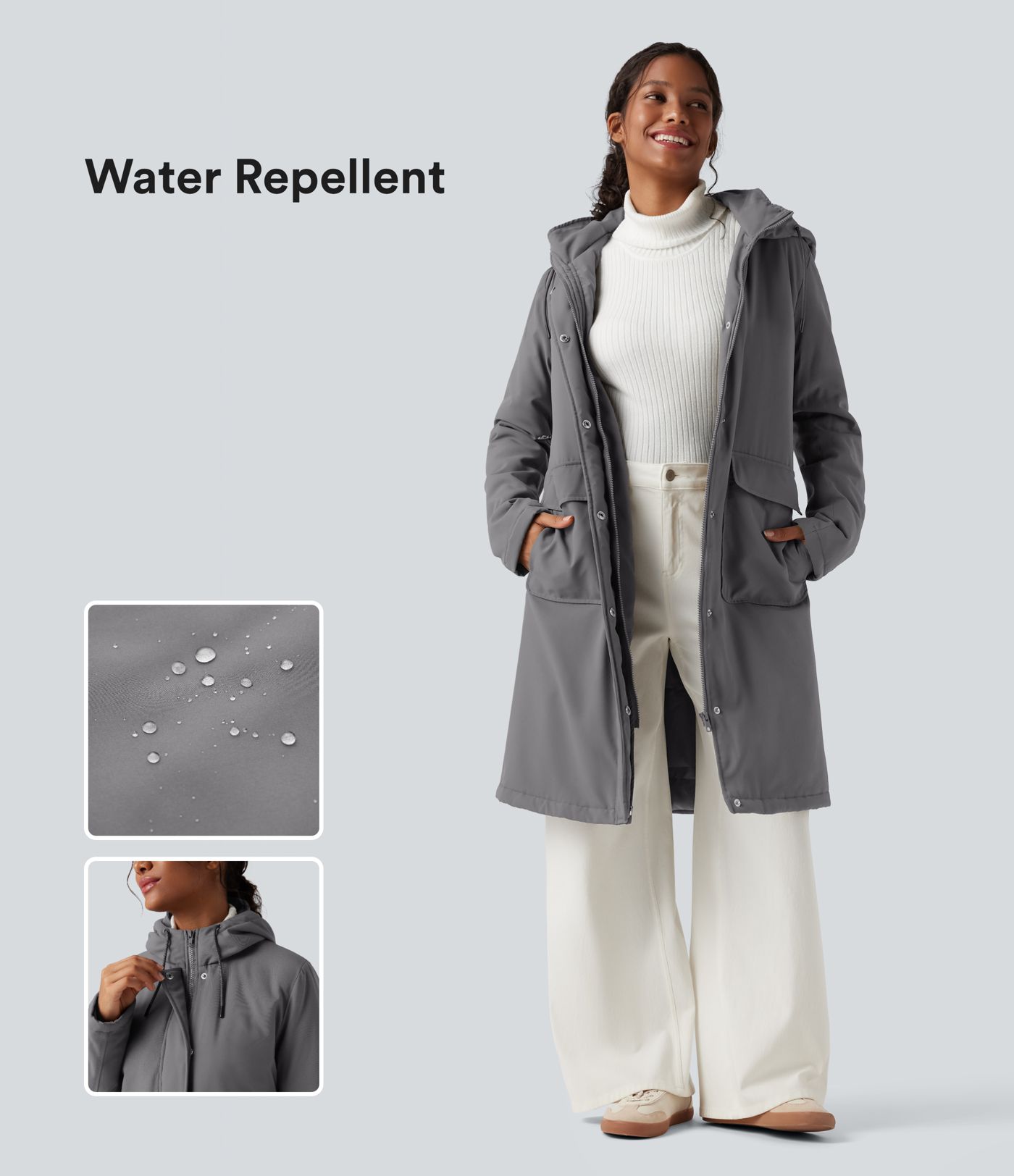 Chaqueta acolchada larga de estilo casual, repelente al agua, con capucha y cordón, mangas largas y bolsillos