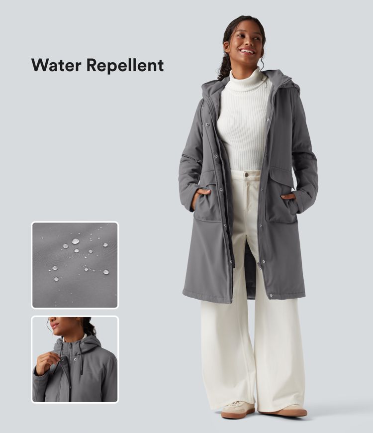 Chaqueta acolchada larga de estilo casual, repelente al agua, con capucha y cordón, mangas largas y bolsillos