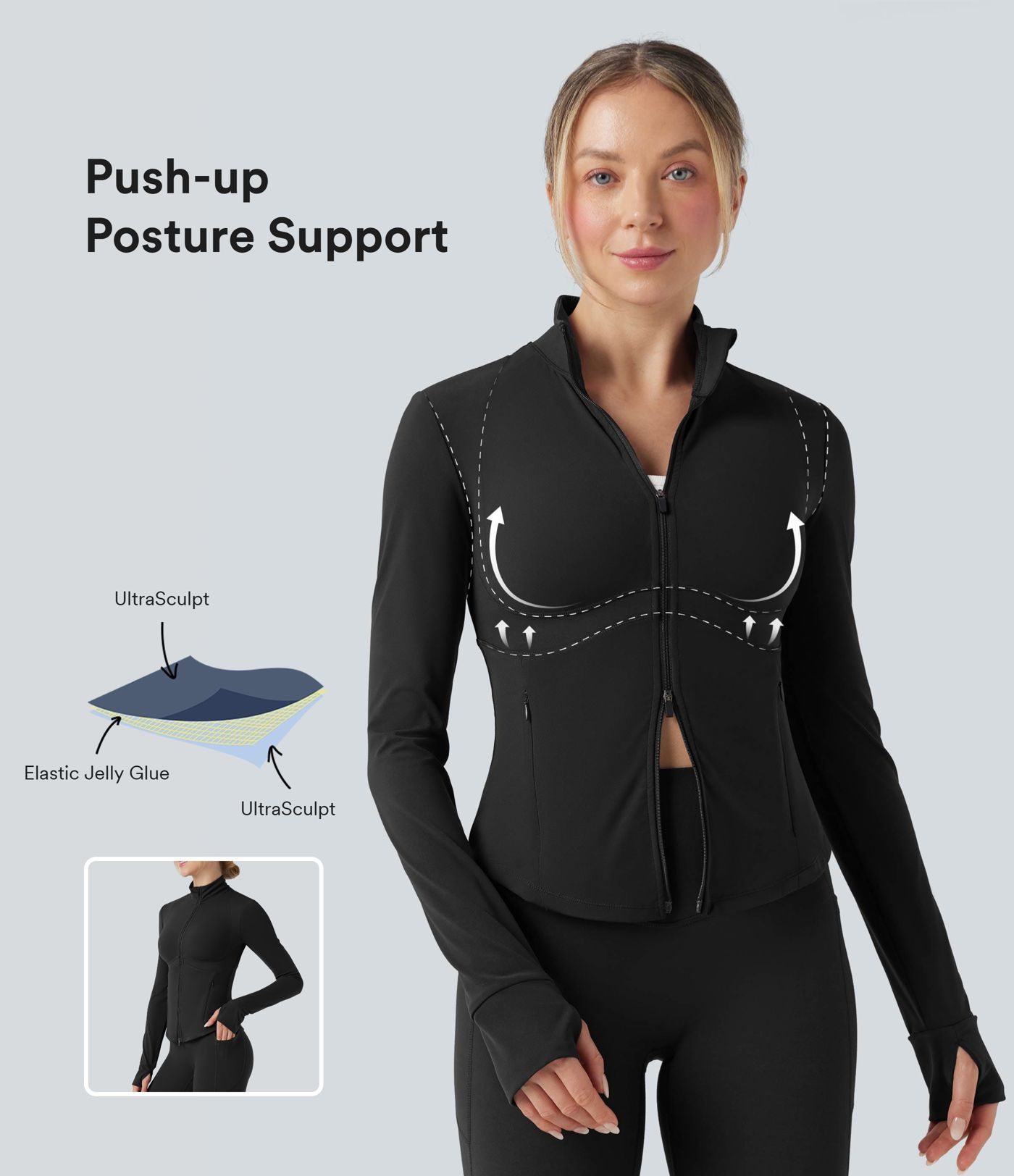 Veste de yoga Halara UltraSculpt™ col montant push-up manches longues à trous pouces avec poches