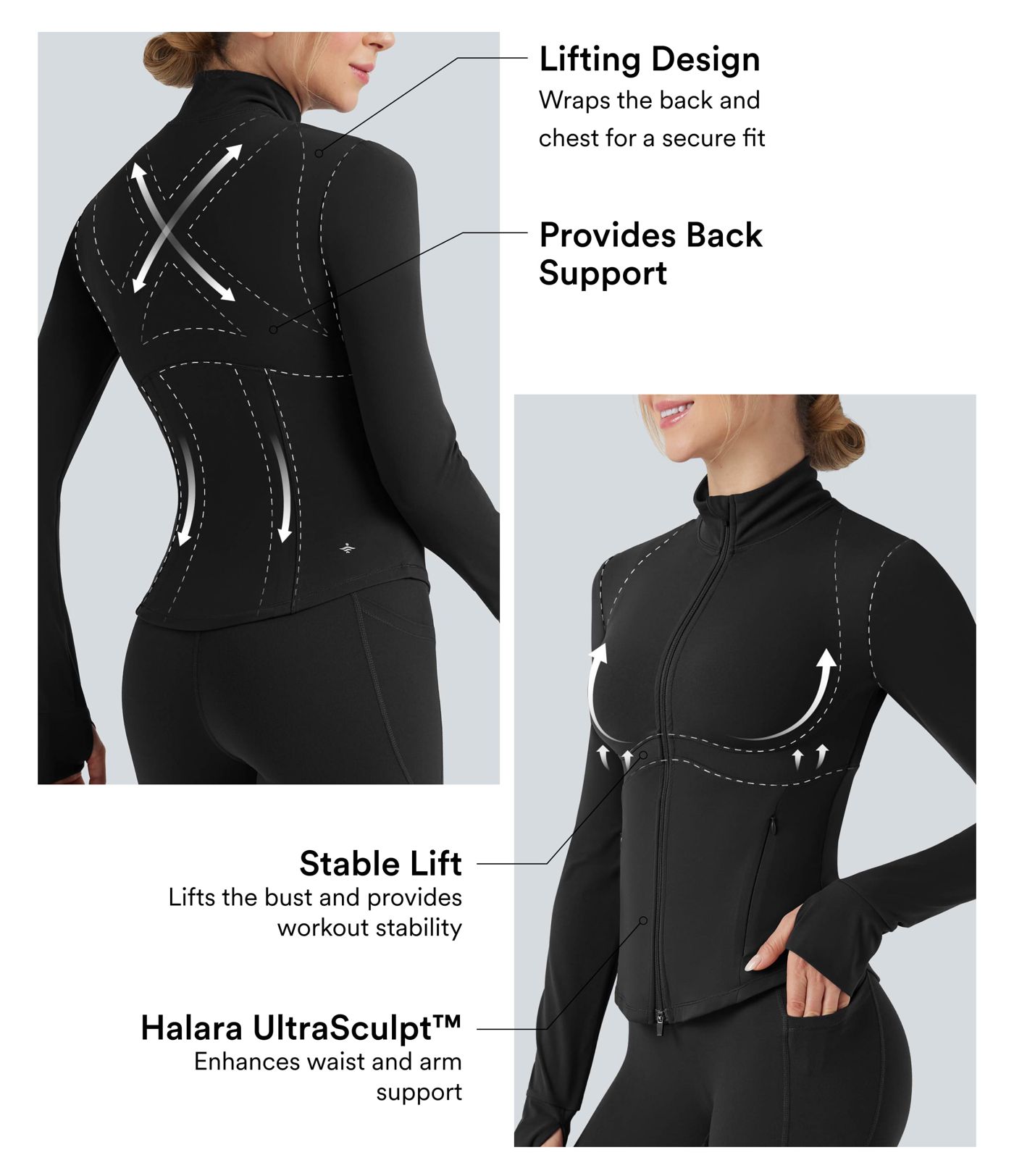 Veste de yoga Halara UltraSculpt™ col montant push-up manches longues à trous pouces avec poches