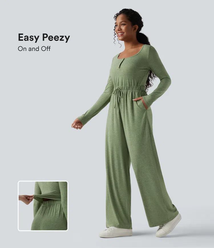 Light Green Floral Yarn Henley Long Sleeve Drawstring Heathered Casual Baggy Jumpsuit with Pockets-Easy Peezy / 1