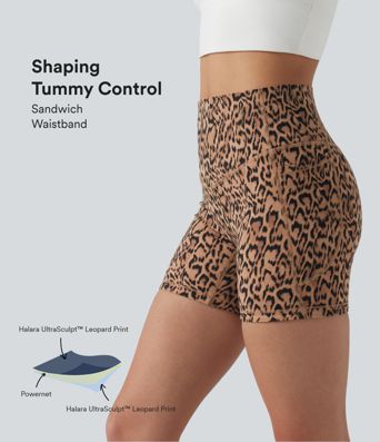 Halara UltraSculpt™ Leopard Print High Waisted Tummy Control Training Biker Shorts 5'' with Pockets