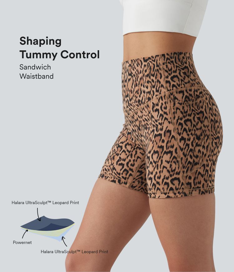 Halara UltraSculpt™ Leopard Print High Waisted Tummy Control Training Biker Shorts 5'' with Pockets