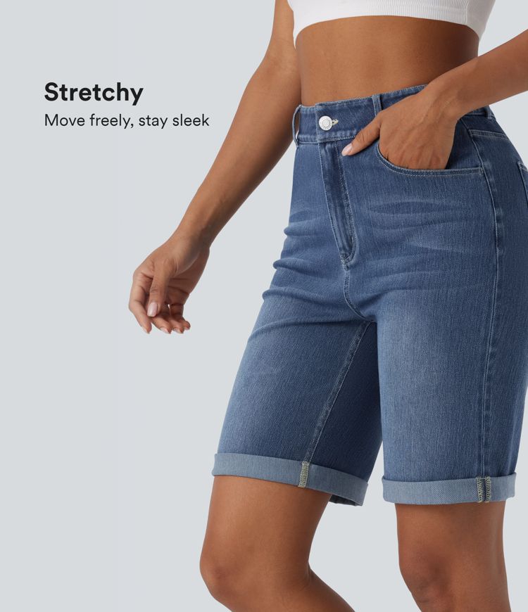 Short Bermuda en jean décontracté Halara Flex™ à taille haute avec poches et ourlet roulé