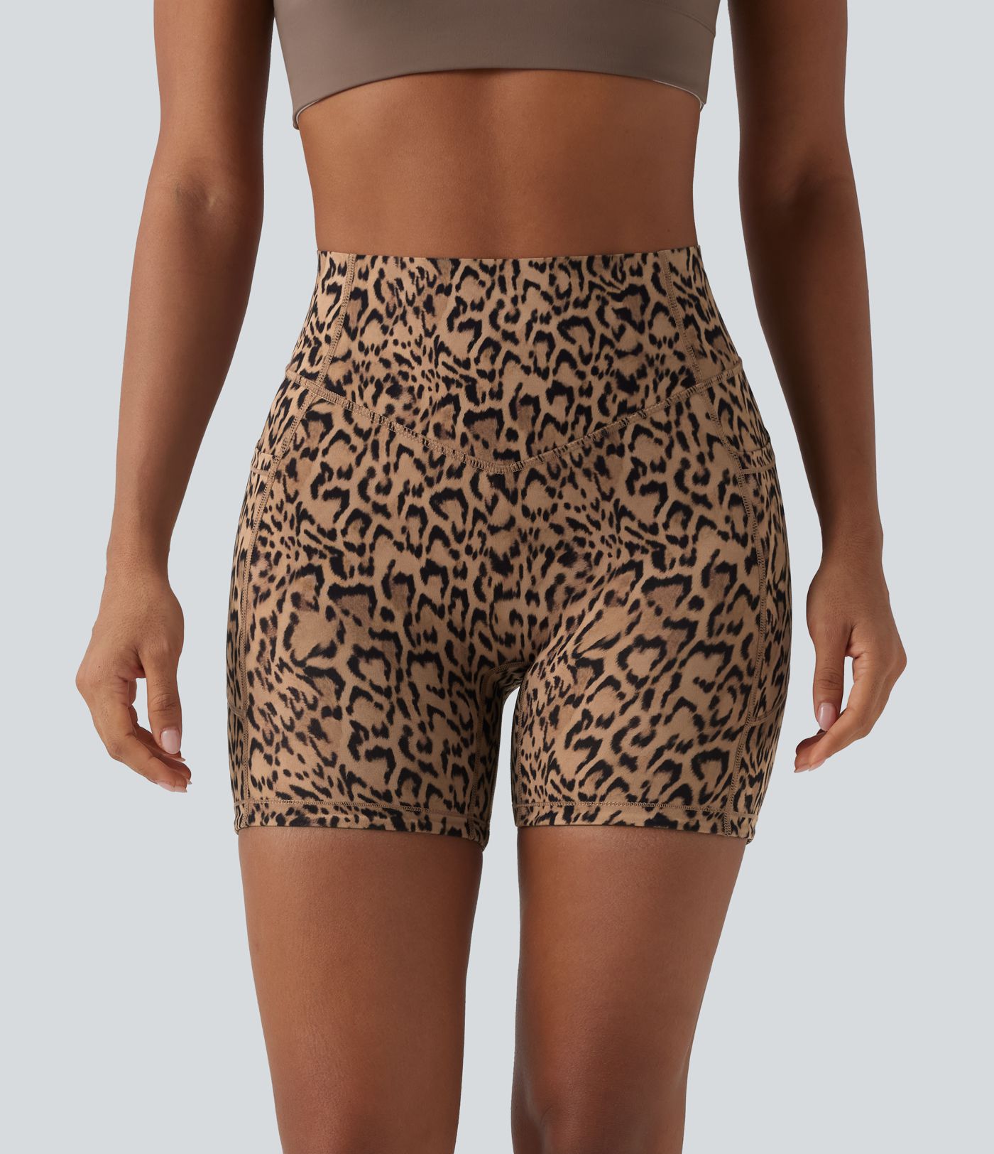Halara UltraSculpt™ Leopard Print High Waisted Scrunch Butt Lifting Tummy Control Training Biker Shorts 5'' with Pockets