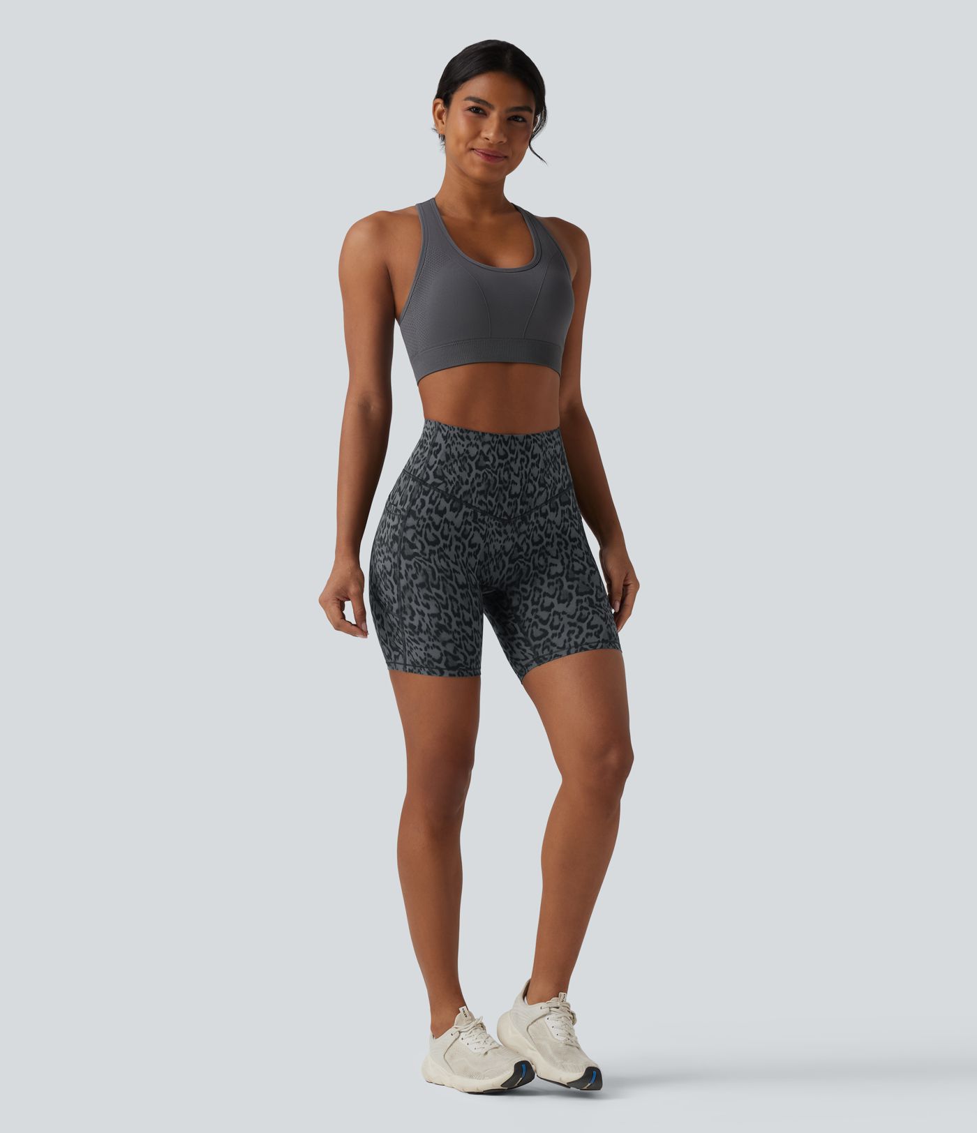 Halara UltraSculpt™ Leopard Print High Waisted Tummy Control Training Biker Shorts 7'' with Pockets