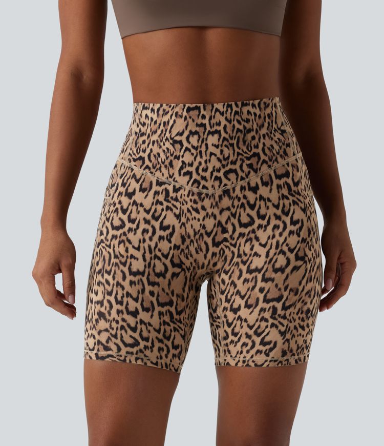 Halara UltraSculpt™ Leopard Print High Waisted Tummy Control Training Biker Shorts 7'' with Pockets