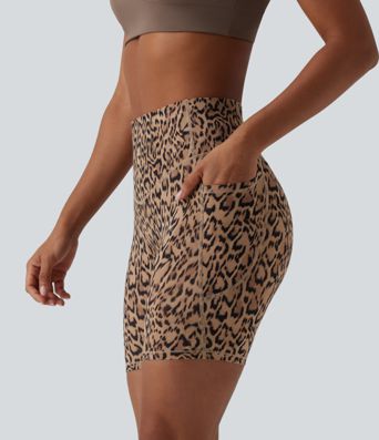 Halara UltraSculpt™ Leopard Print High Waisted Tummy Control Training Biker Shorts 7'' with Pockets
