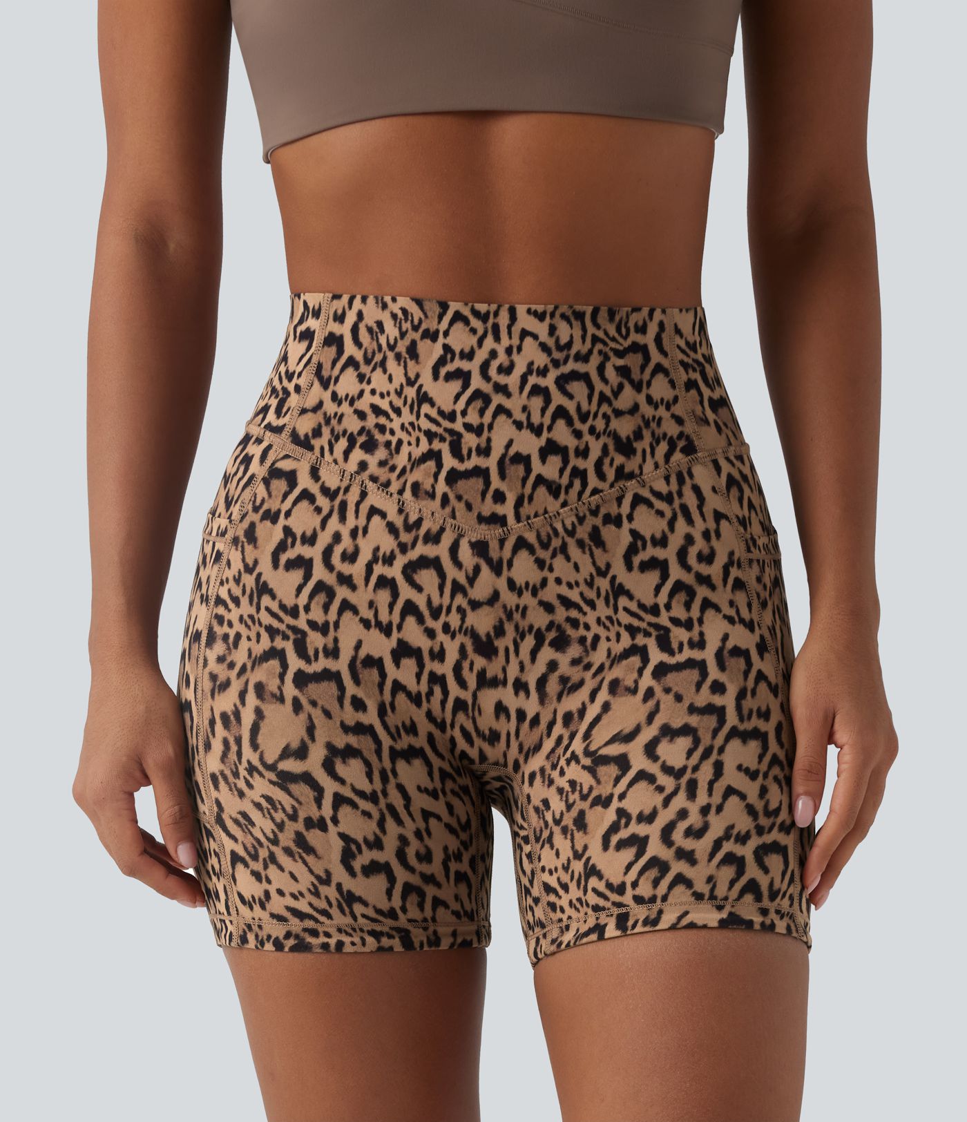 Halara UltraSculpt™ Leopard Print High Waisted Scrunch Butt Lifting Tummy Control Training Biker Shorts 5'' with Pockets