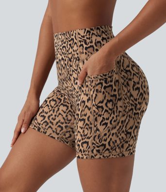 Halara UltraSculpt™ Leopard Print High Waisted Scrunch Butt Lifting Tummy Control Training Biker Shorts 5'' with Pockets