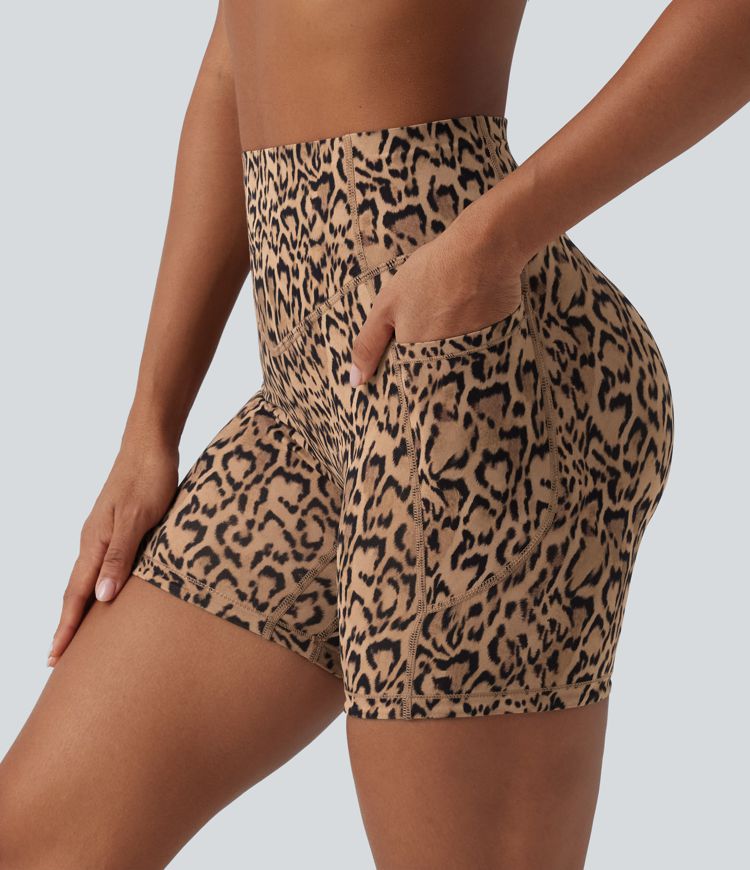 Halara UltraSculpt™ Leopard Print High Waisted Scrunch Butt Lifting Tummy Control Training Biker Shorts 5'' with Pockets