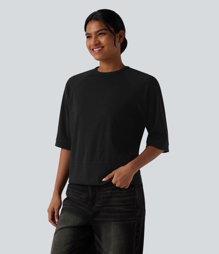 Sweatshirt décontracté côtelé col rond manches 3/4