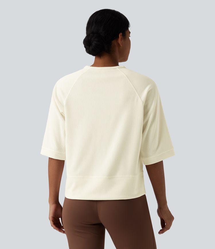 Ribbed Round Neck 3/4 Sleeve Casual Sweatshirt