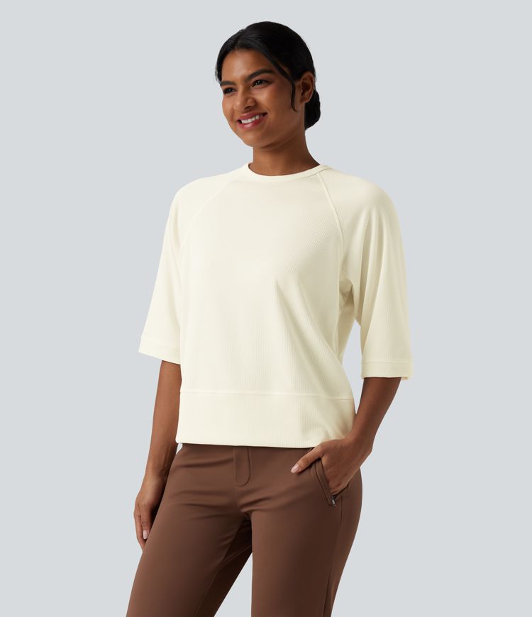 Ribbed Round Neck 3/4 Sleeve Casual Sweatshirt