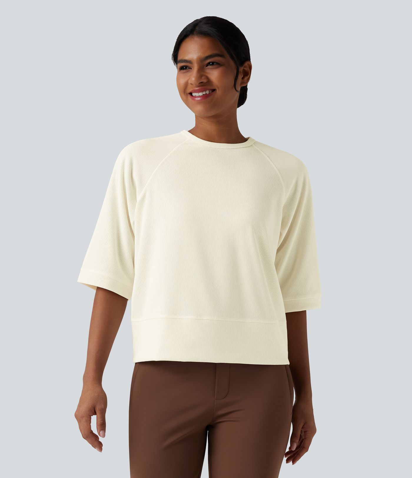 Ribbed Round Neck 3/4 Sleeve Casual Sweatshirt