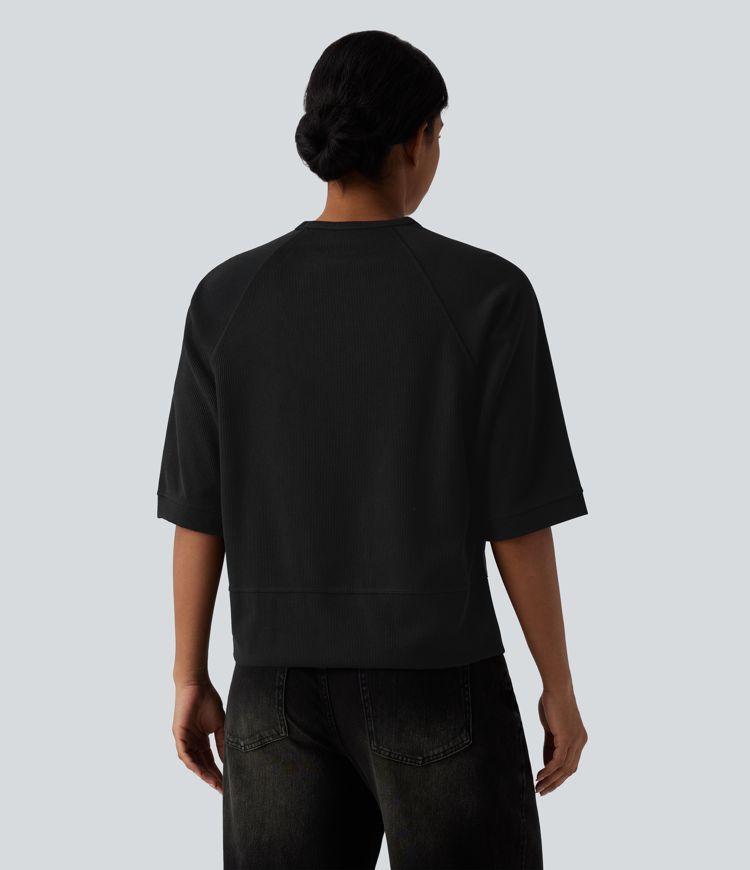 Sweatshirt décontracté côtelé col rond manches 3/4