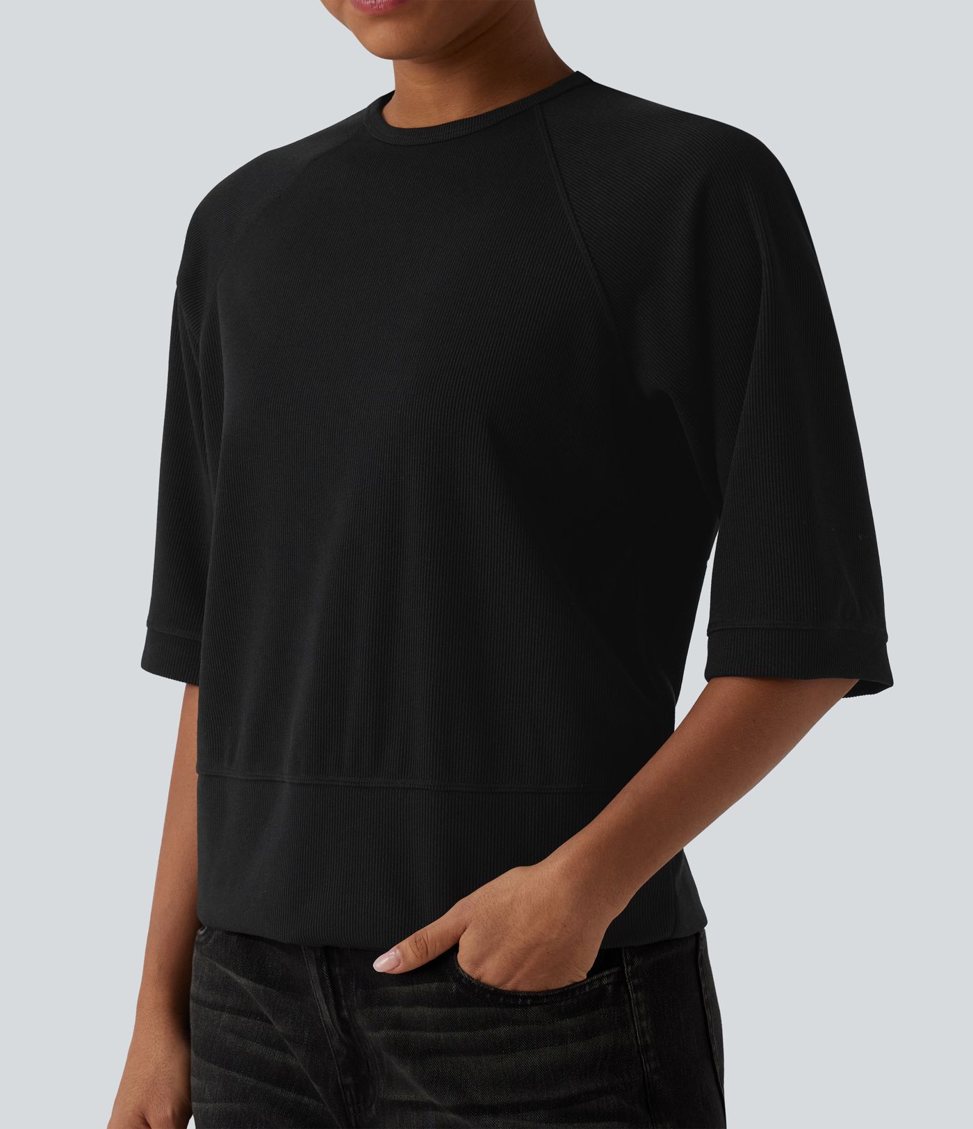 Sweatshirt décontracté côtelé col rond manches 3/4