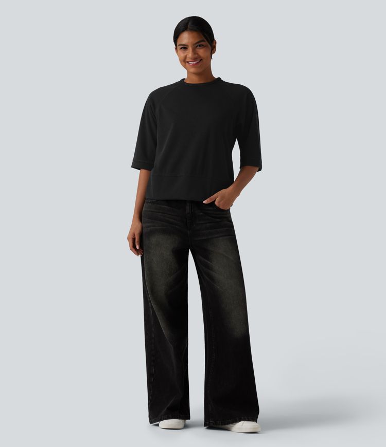 Sweatshirt décontracté côtelé col rond manches 3/4