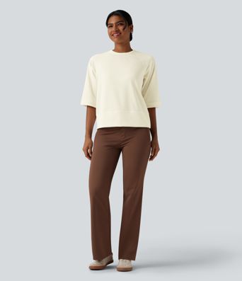 Ribbed Round Neck 3/4 Sleeve Casual Sweatshirt