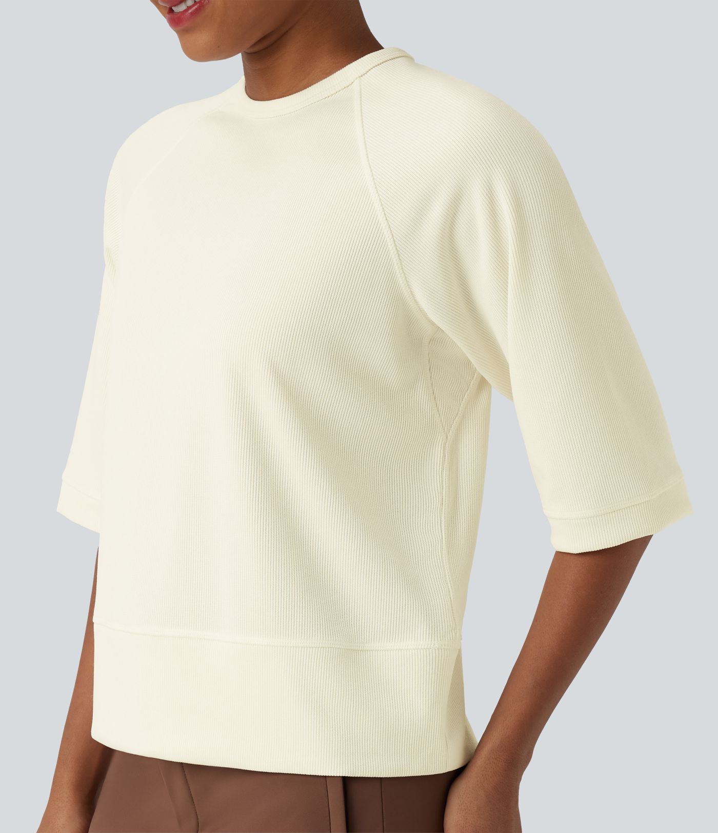 Ribbed Round Neck 3/4 Sleeve Casual Sweatshirt
