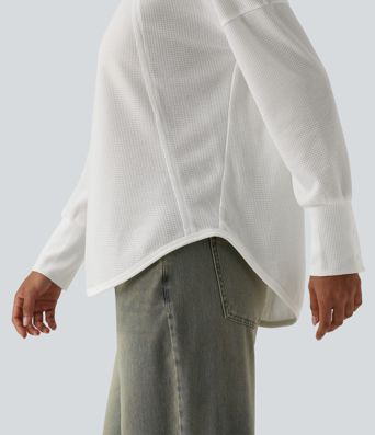 Scoop Neck Long Sleeve Curved Hem Relaxed Waffle Casual Top