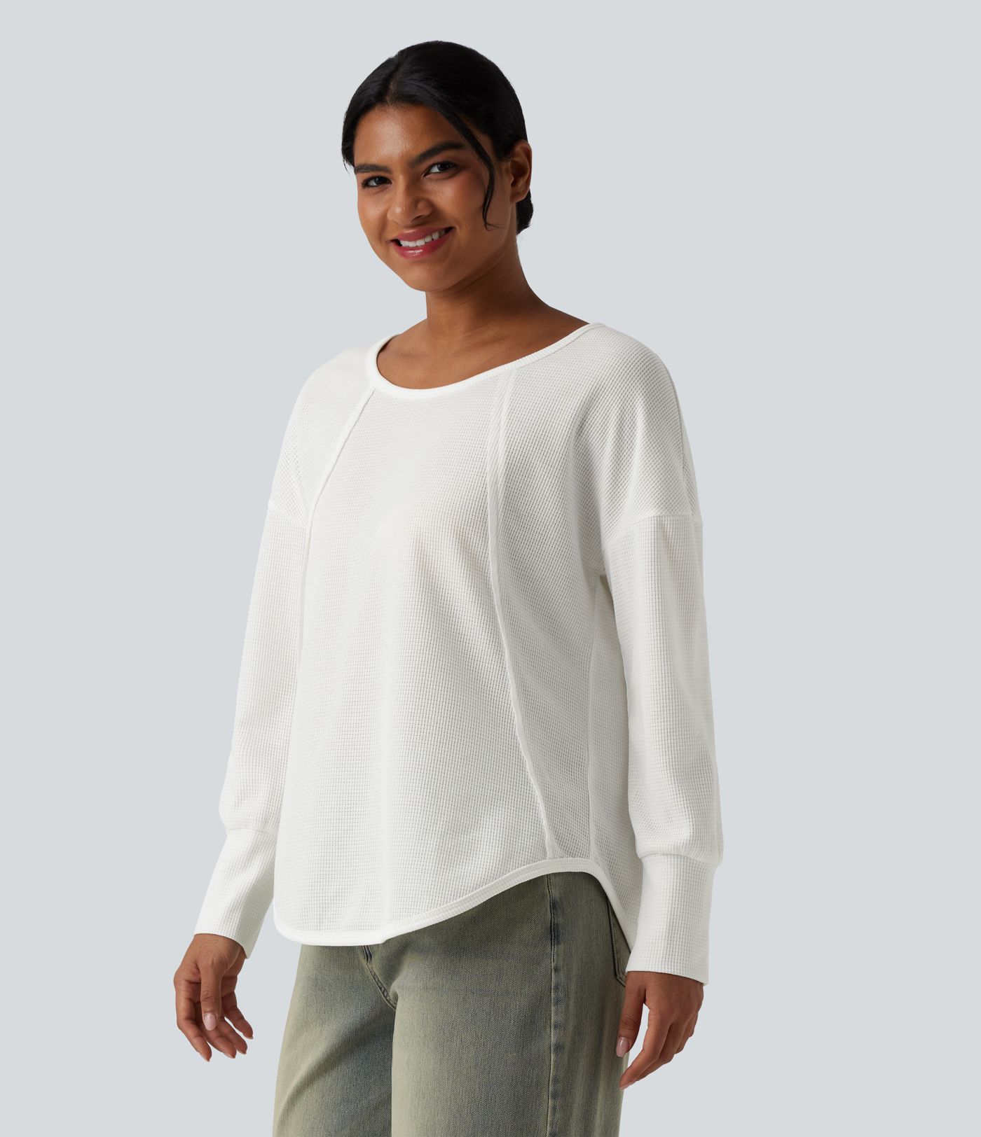 Scoop Neck Long Sleeve Curved Hem Relaxed Waffle Casual Top