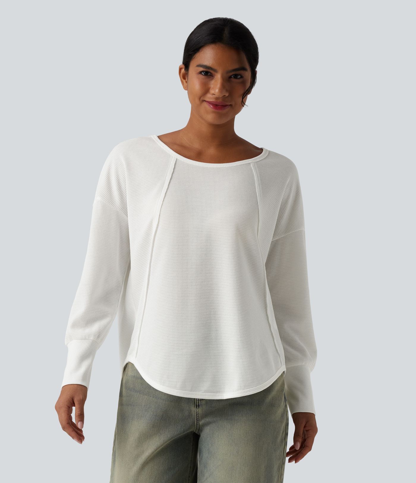 Scoop Neck Long Sleeve Curved Hem Relaxed Waffle Casual Top