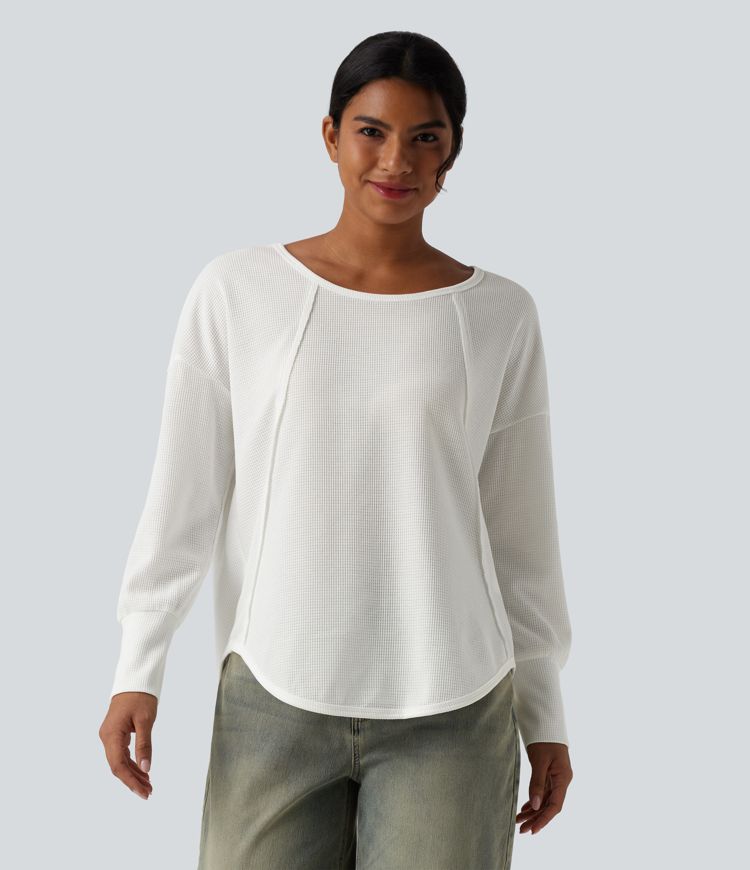 Scoop Neck Long Sleeve Curved Hem Relaxed Waffle Casual Top