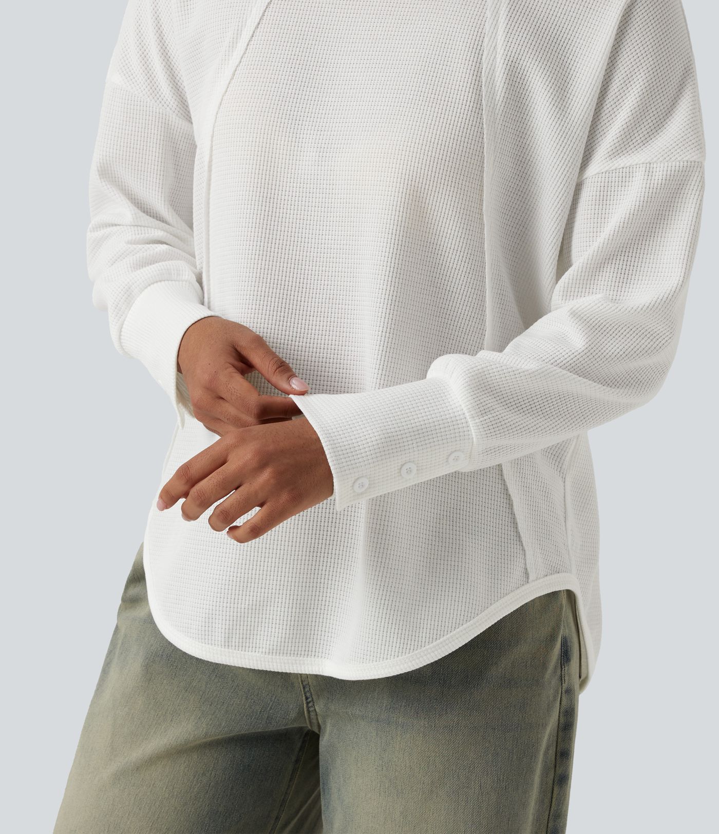 Scoop Neck Long Sleeve Curved Hem Relaxed Waffle Casual Top