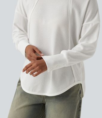 Scoop Neck Long Sleeve Curved Hem Relaxed Waffle Casual Top