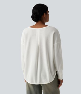 Scoop Neck Long Sleeve Curved Hem Relaxed Waffle Casual Top