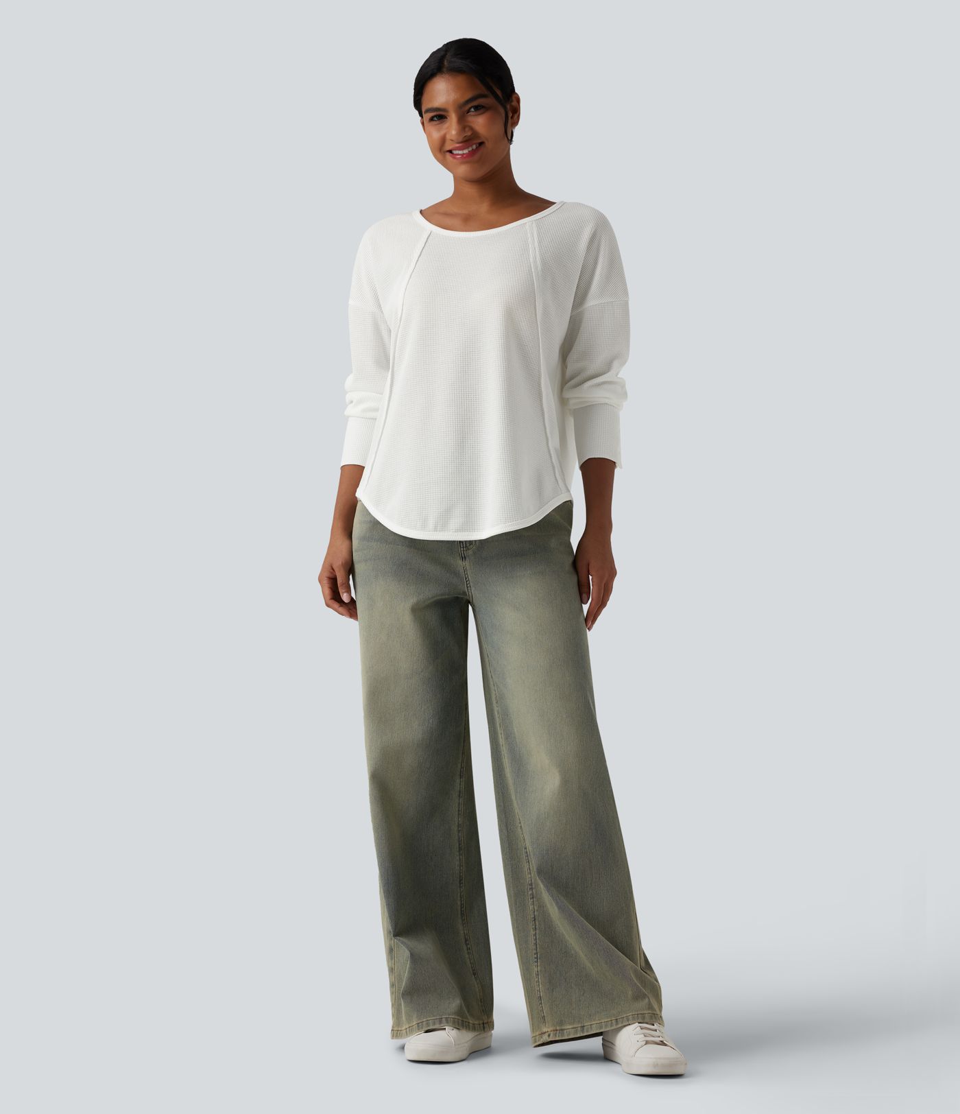 Scoop Neck Long Sleeve Curved Hem Relaxed Waffle Casual Top