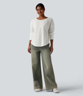 Scoop Neck Long Sleeve Curved Hem Relaxed Waffle Casual Top