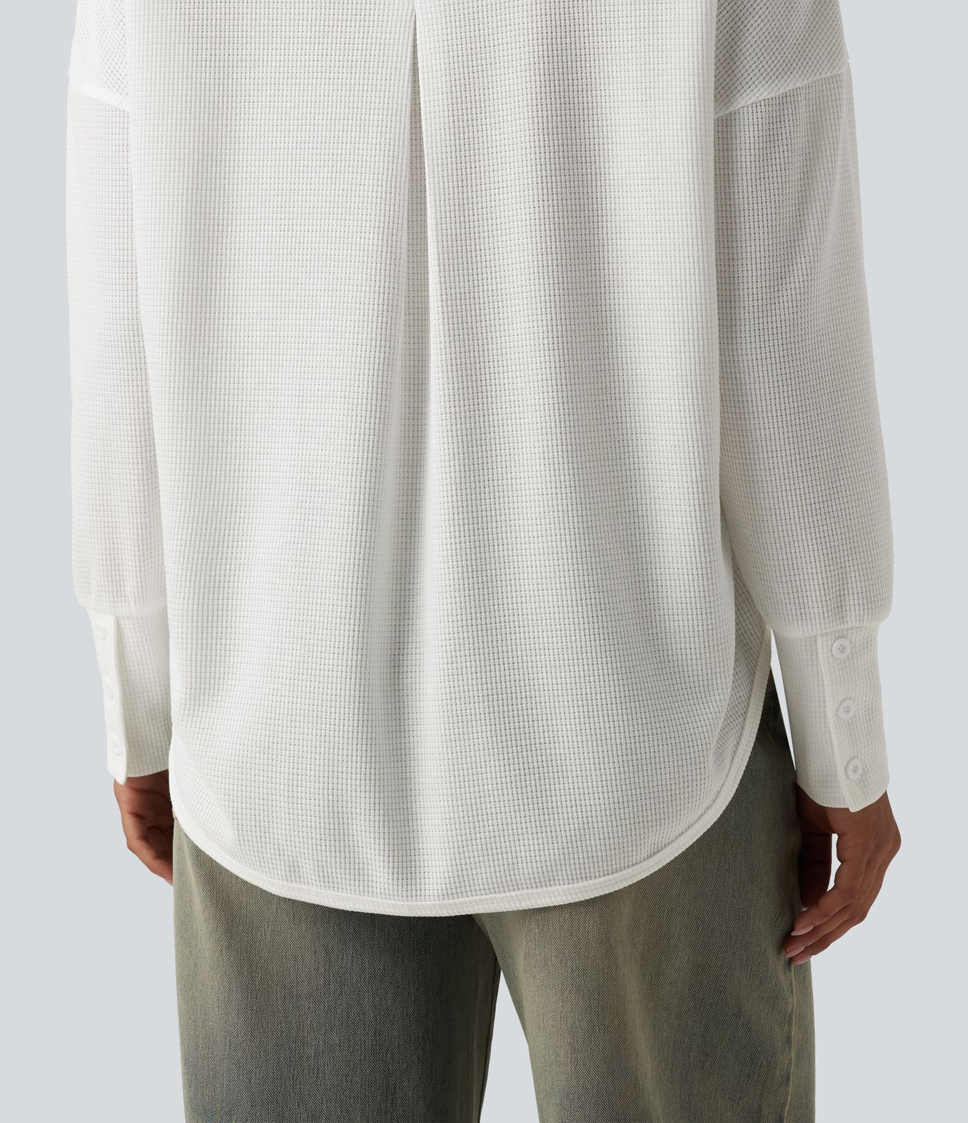 Scoop Neck Long Sleeve Curved Hem Relaxed Waffle Casual Top