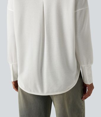 Scoop Neck Long Sleeve Curved Hem Relaxed Waffle Casual Top