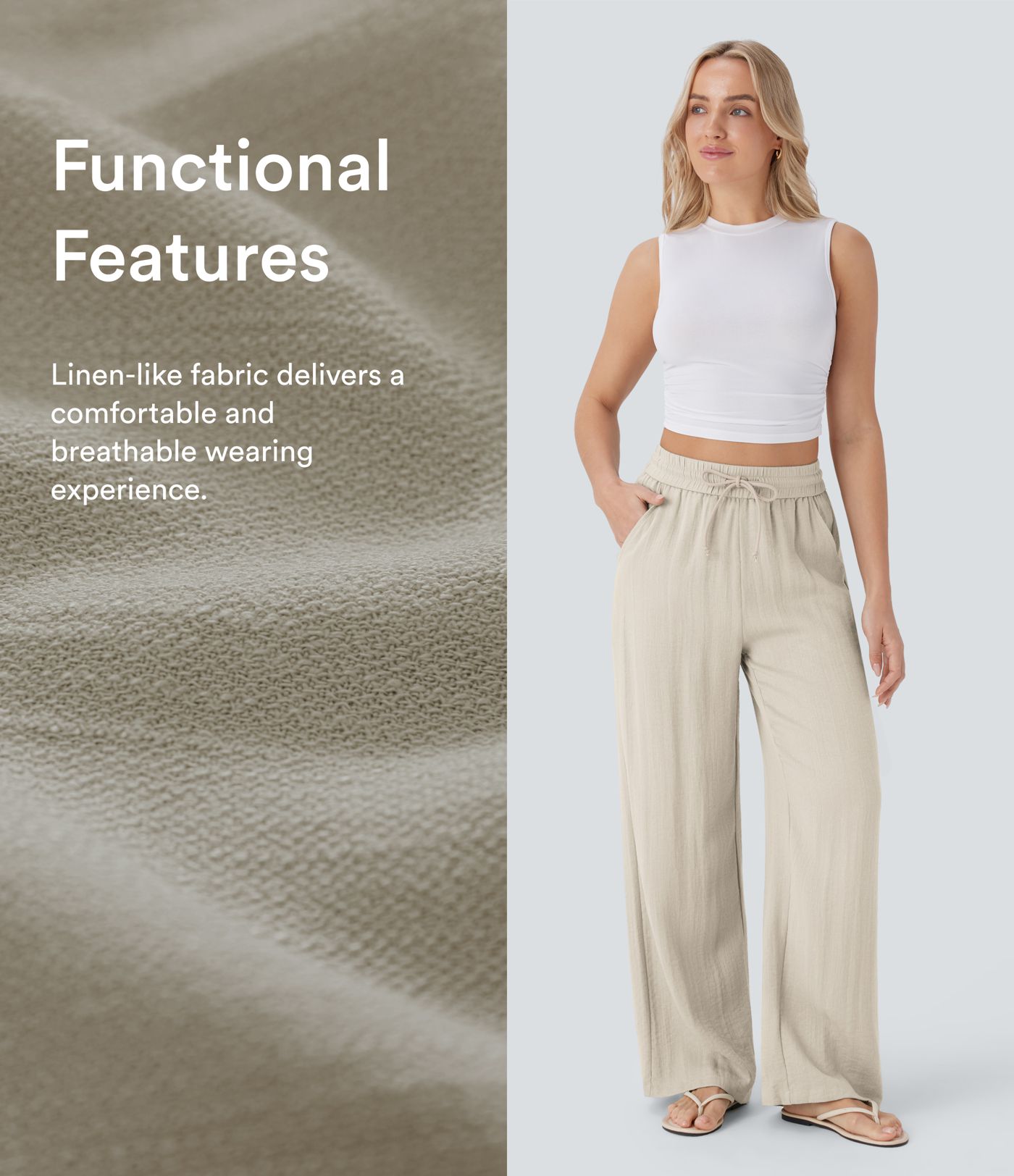 High Waisted Drawstring Pocket Wide Leg Casual Linen-Feel Trousers