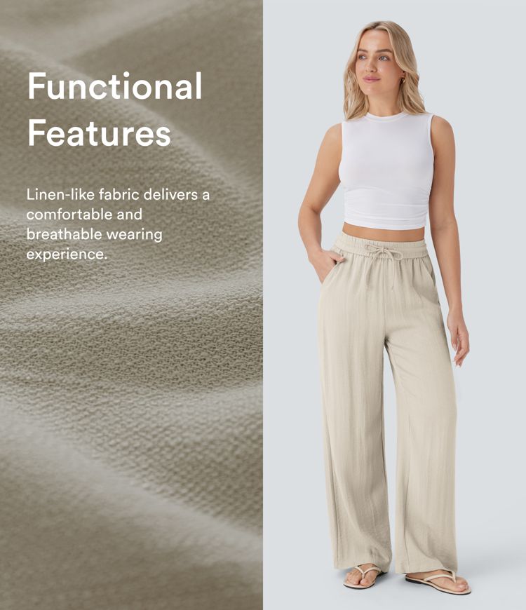 High Waisted Drawstring Pocket Wide Leg Casual Linen-Feel Trousers
