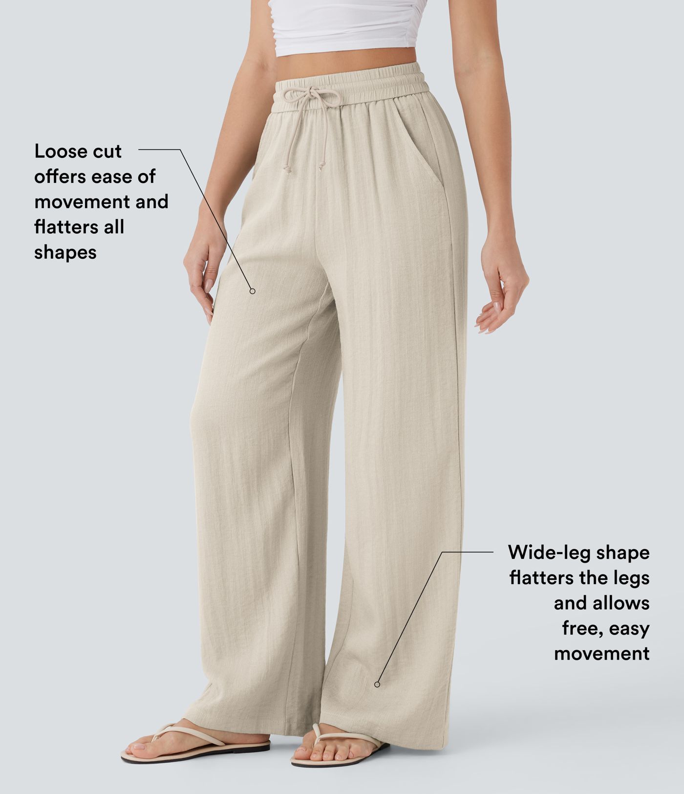 High Waisted Drawstring Pocket Wide Leg Casual Linen-Feel Trousers