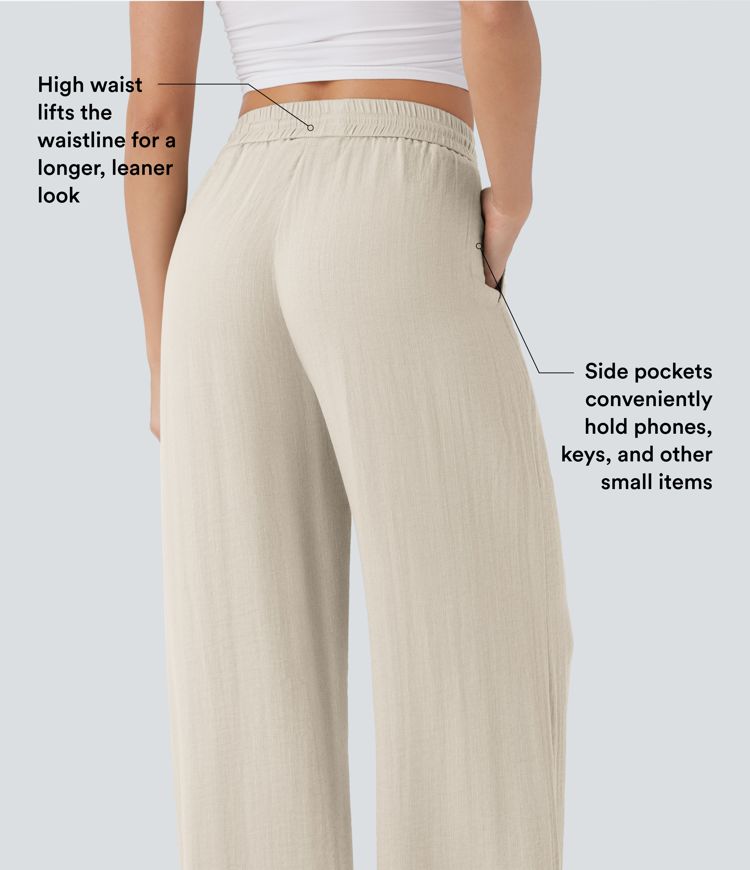 High Waisted Drawstring Pocket Wide Leg Casual Linen-Feel Trousers