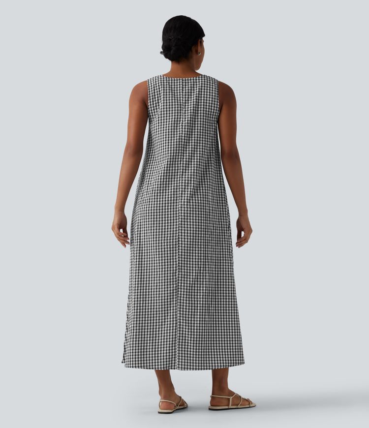 Round Neck Sleeveless Midi Crinkle Gingham Casual Tank Dress with Pockets