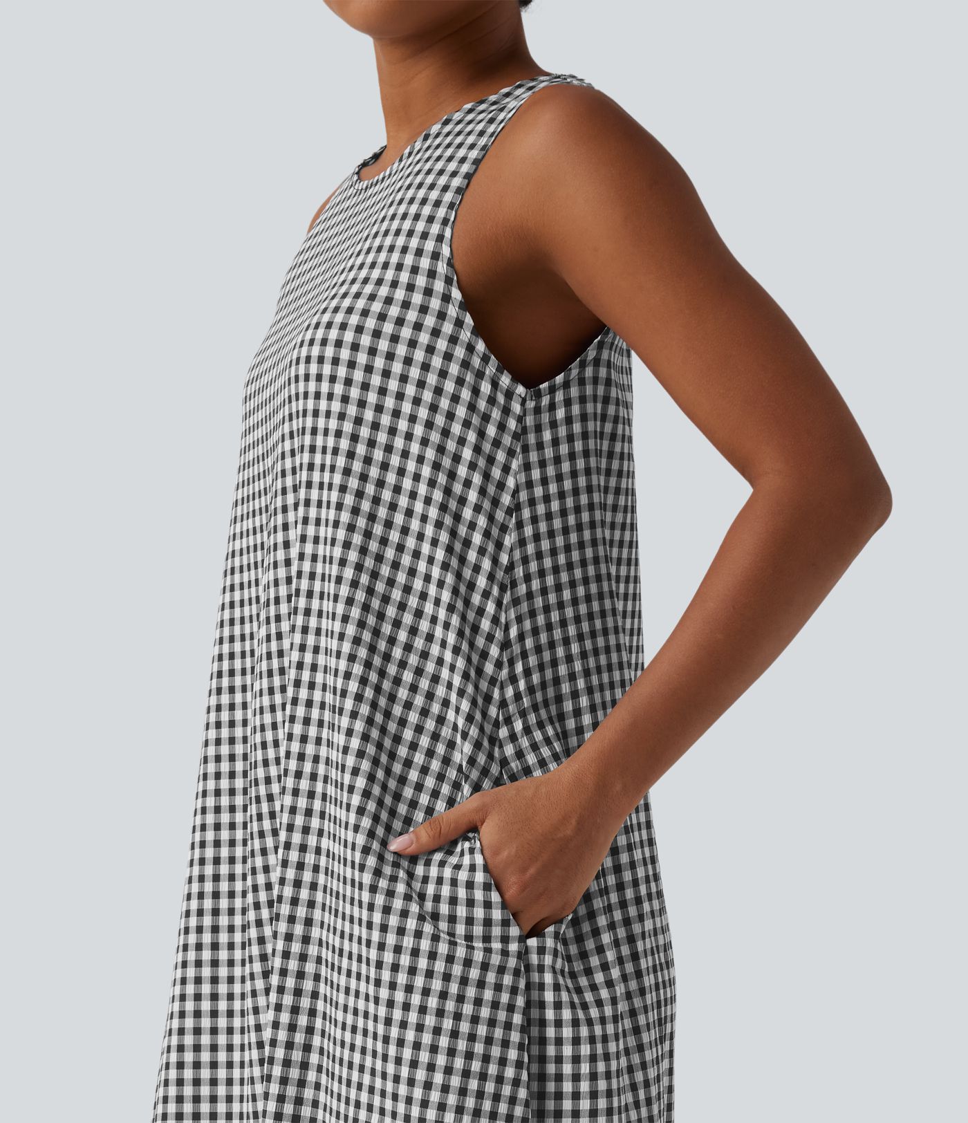Round Neck Sleeveless Midi Crinkle Gingham Casual Tank Dress with Pockets