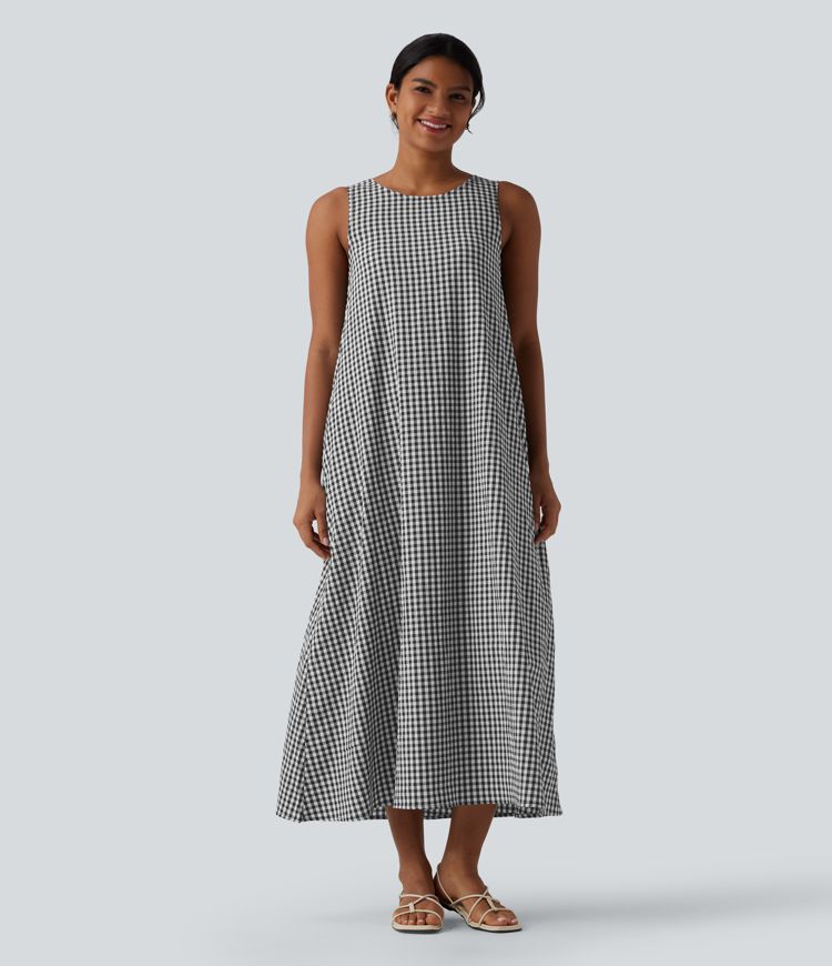 Round Neck Sleeveless Midi Crinkle Gingham Casual Tank Dress with Pockets