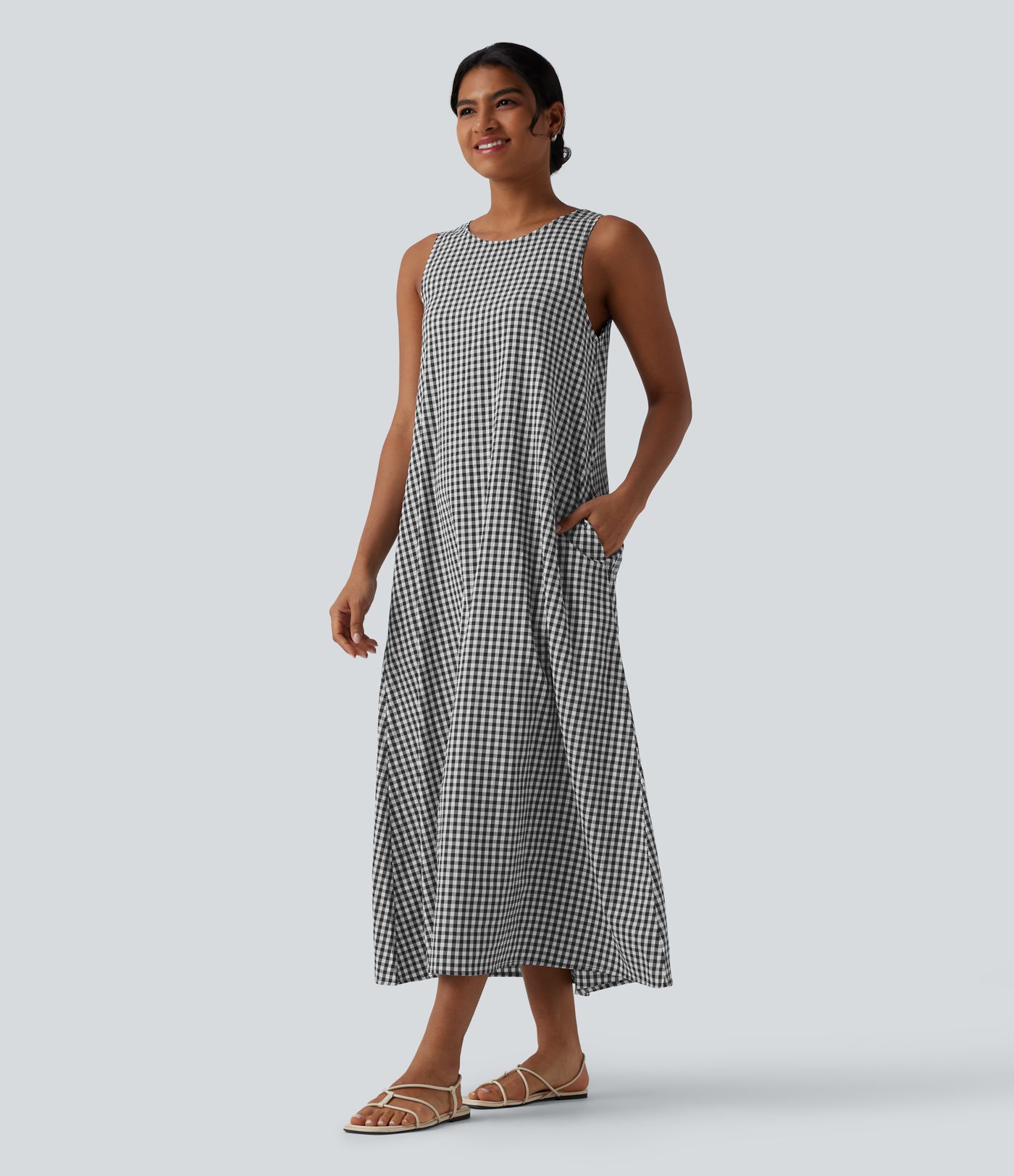 Round Neck Sleeveless Midi Crinkle Gingham Casual Tank Dress with Pockets
