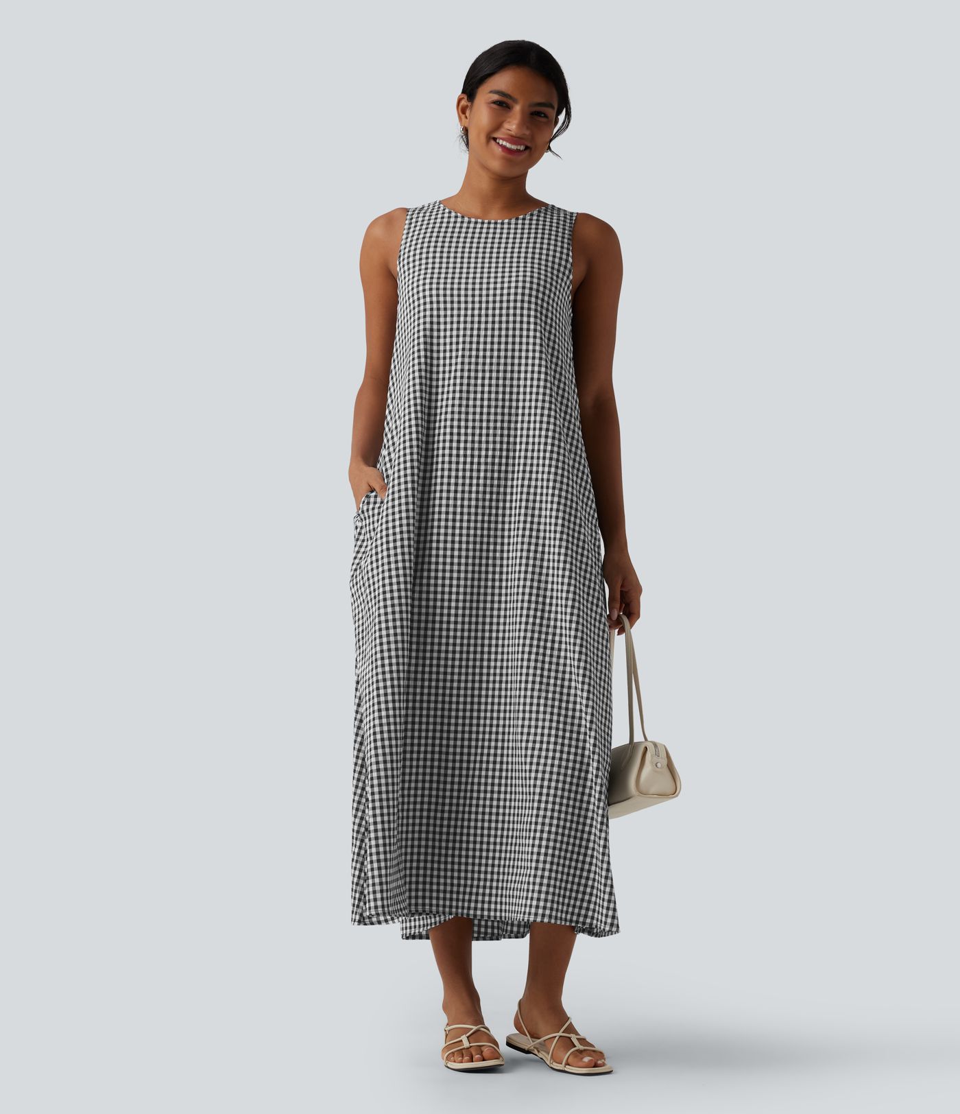 Round Neck Sleeveless Midi Crinkle Gingham Casual Tank Dress with Pockets