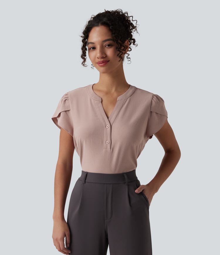 Arbeitsbluse mit V-Ausschnitt und kurzen, blütenblattförmigen Ärmeln