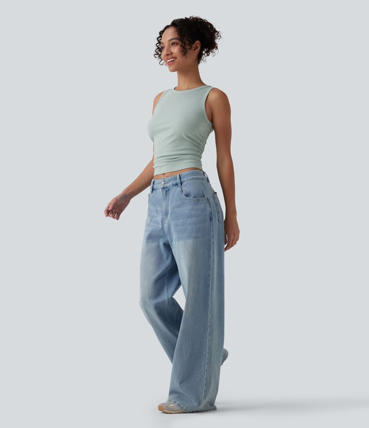 Lässiges, gerafftes Tanktop aus geripptem Strick mit Rundhalsausschnitt