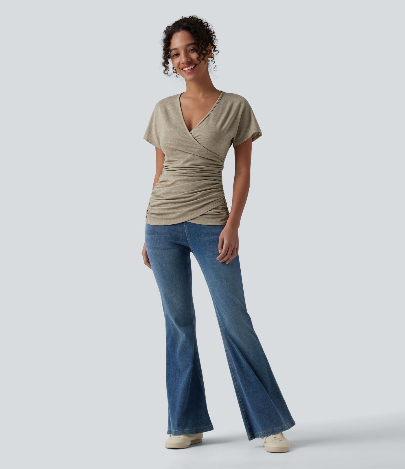 V Neck Short Sleeve Ruched Casual Top