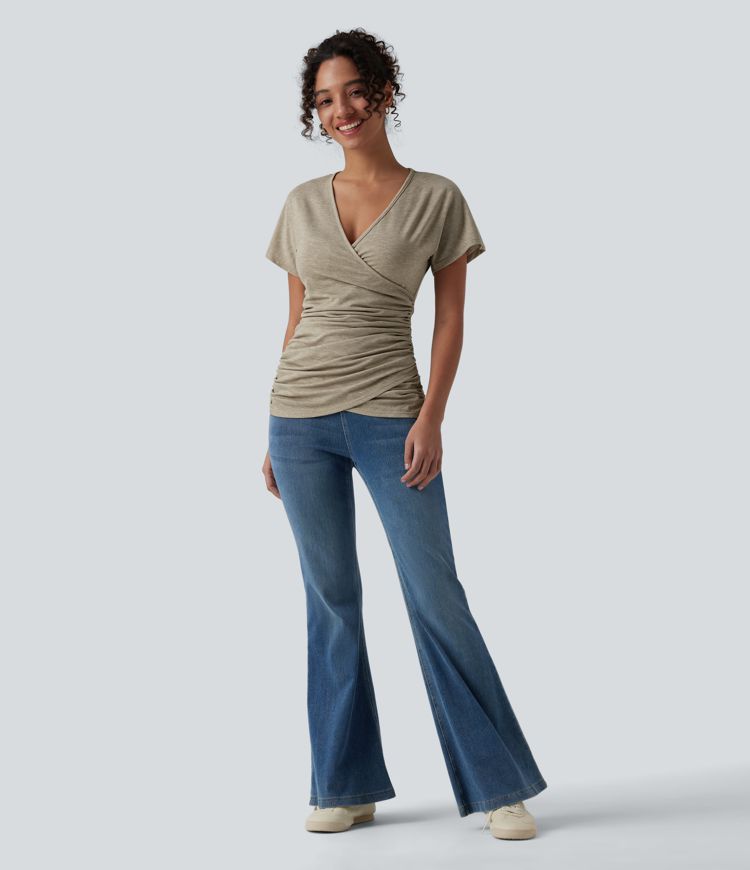 V Neck Short Sleeve Ruched Casual Top