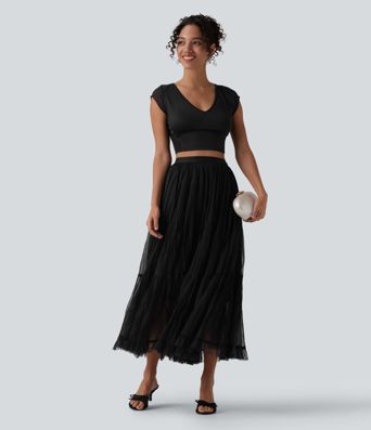 High Waisted Contrast Mesh Maxi Skirt